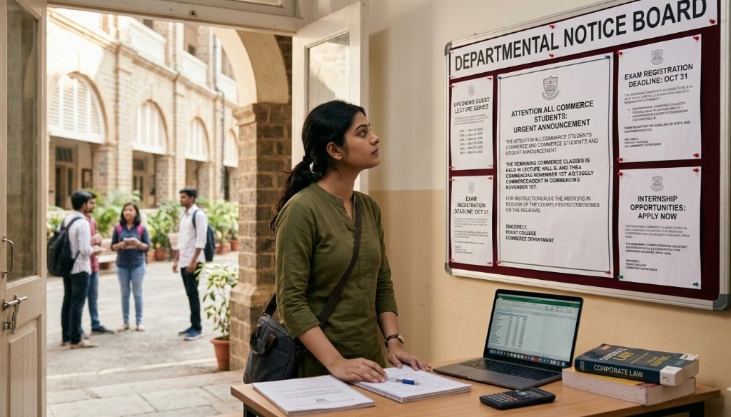 Student checking departmental notice board – exam notices and announcements